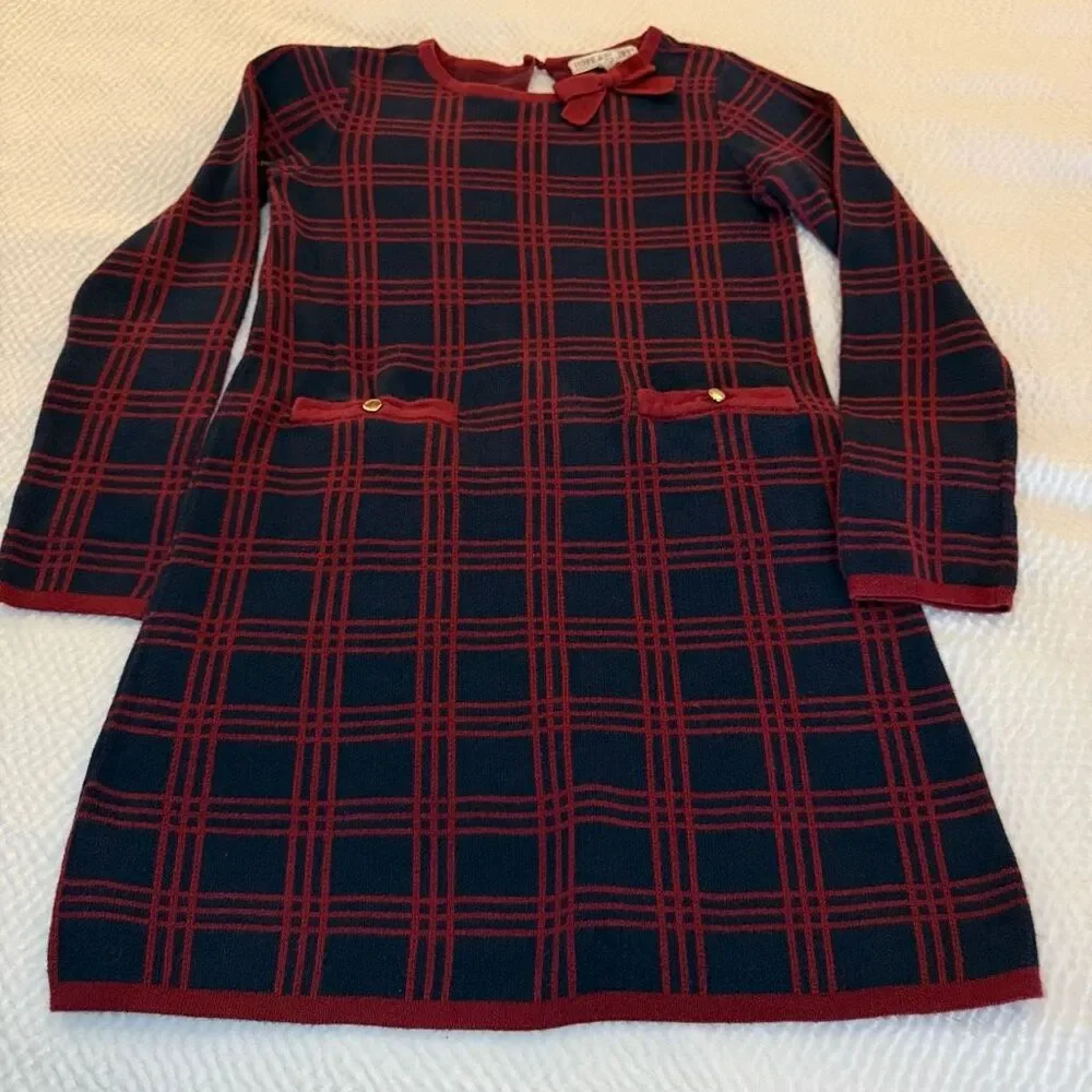 Hope & Henry | Windowpane Sweater Dress Navy Red Bow | Girls 10